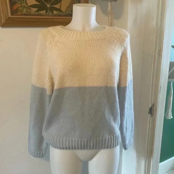 RAG POETS Women’s White Blue Open Knit Sweater Size Small EUC! Color block Swift - Picture 1 of 4